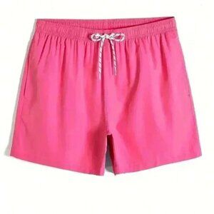 Pink Vacation Style Mens Slant Pockets Drawstring Waist Swim Trunks